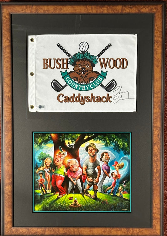 Caddyshack signed Bush Wood Flag by Chevy Chase with picture Framed