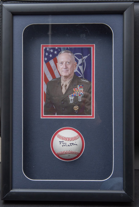 Unique Signed Baseball By General Jim Mattis With Photo in a Shadow Box