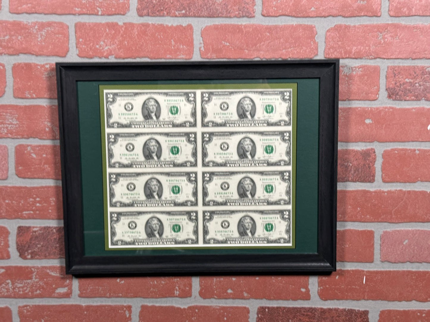 Uncut 2 Dollar Notes Framed