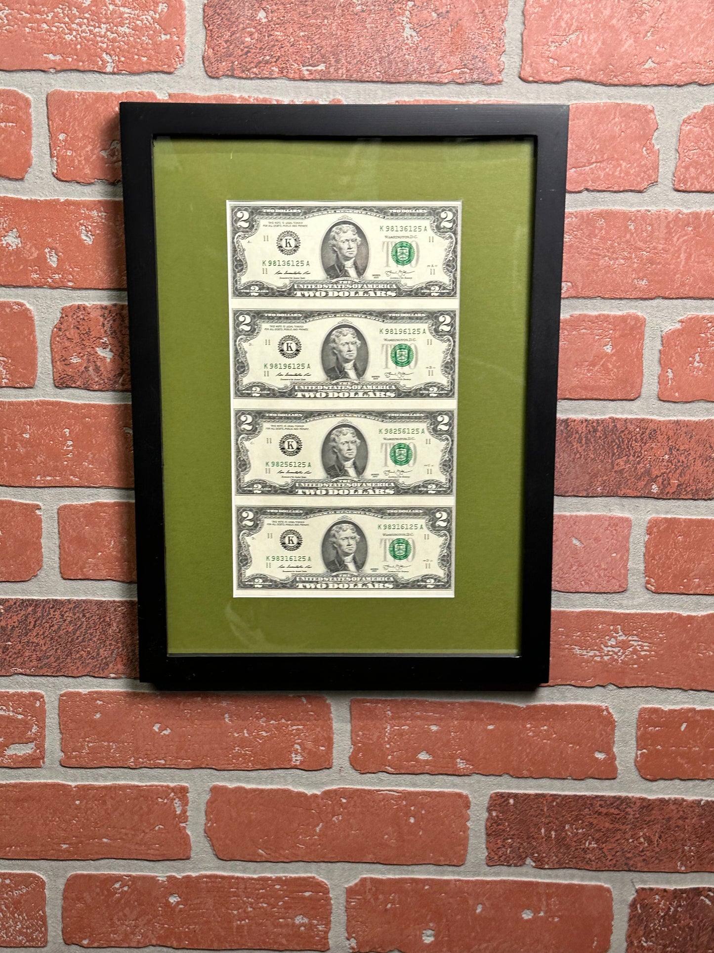 Framed Un Cut 2 Dollar Bills Framed