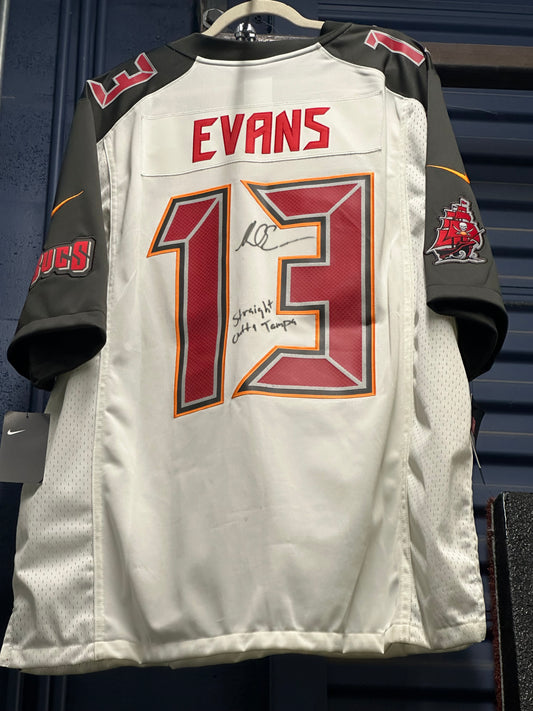 Mike Evans Signed White Game Jersey inscribed Straight Out of Tampa