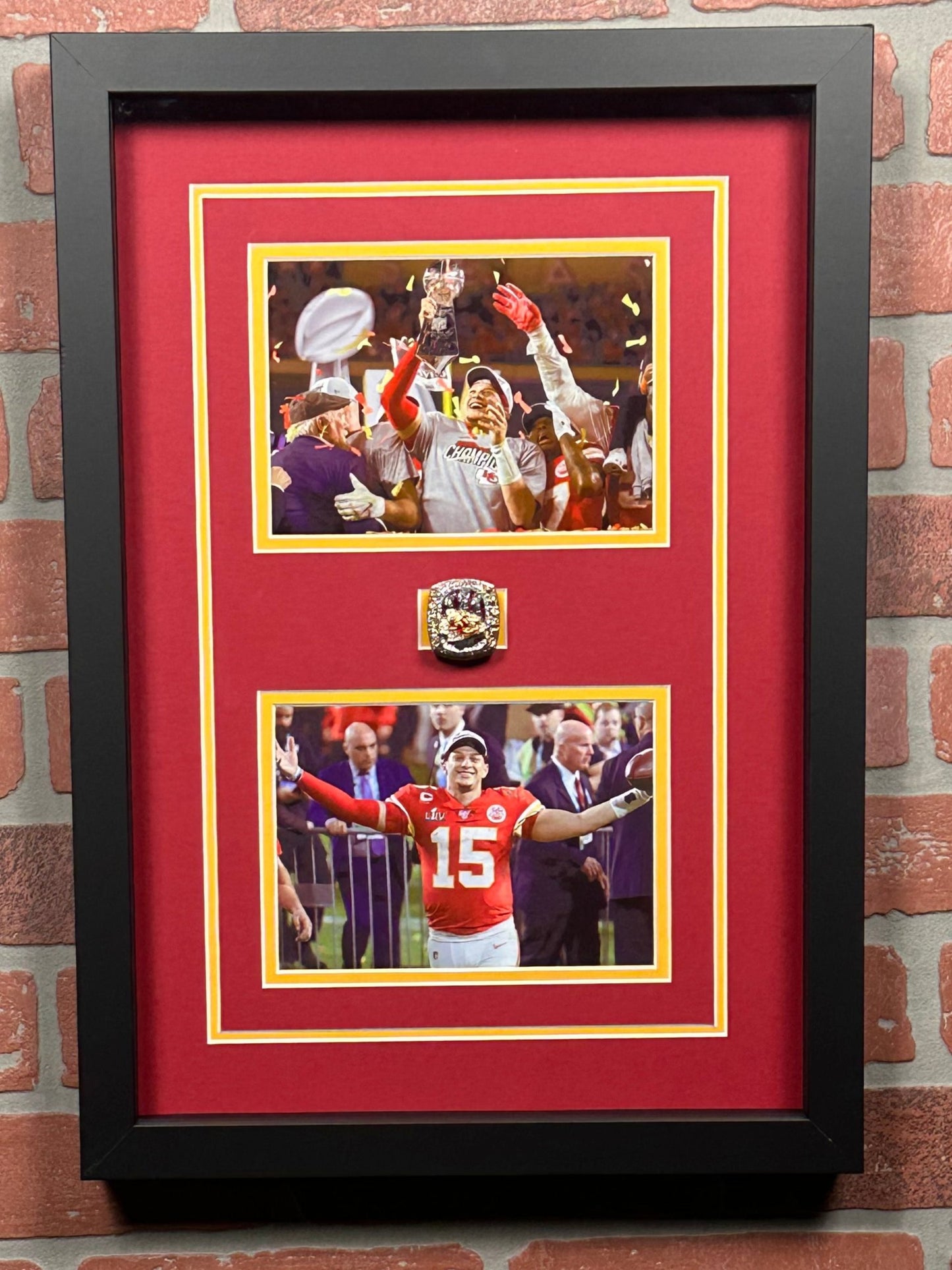 Patrik Mahomes Replica Super Bowl Ring in a Shadow Box with Two Pictures