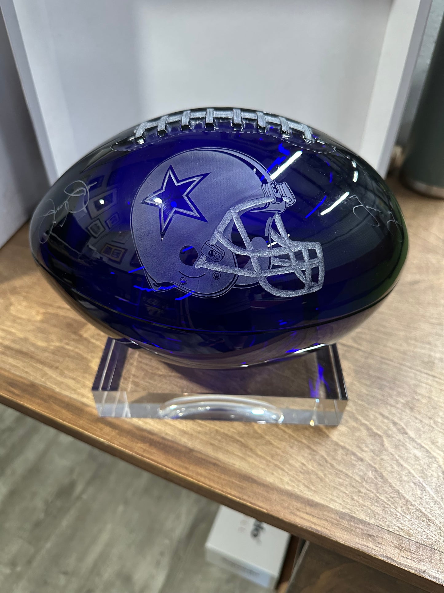 Blown Crystal Blue Dallas Cowboys Football Inscribed Jimmy Johnson and Jerry Jones