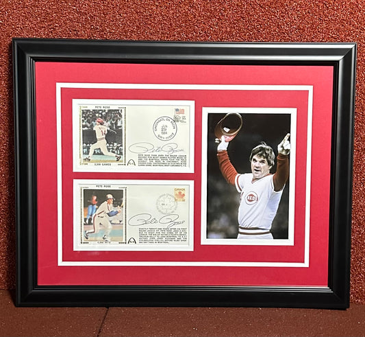 Reds and Expos Pete Rose Signed FDC Collage Framed
