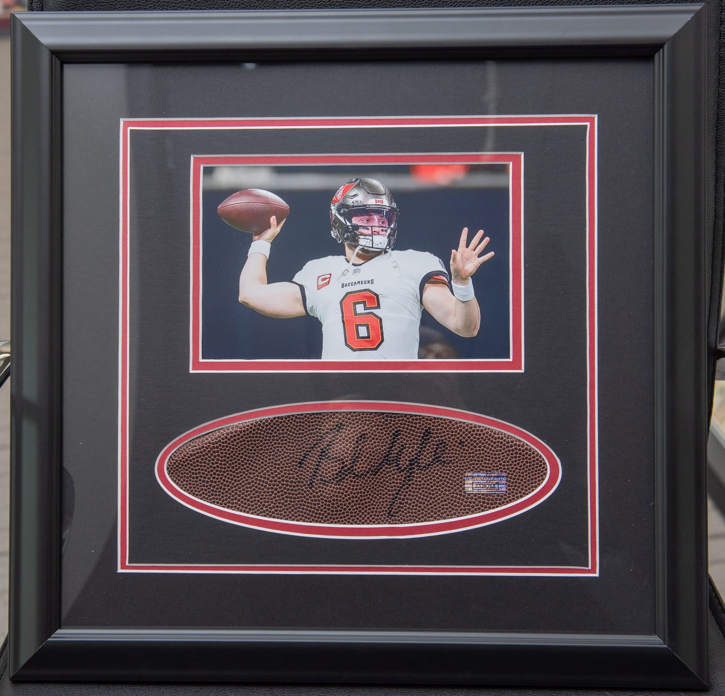 Baker Mayfield Signed Football with Framed Picture Collage Buc